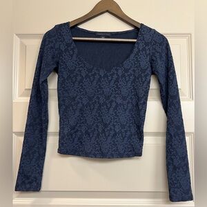 American Eagle Navy Lace Long Sleeve Top Scoop Neck Blouse